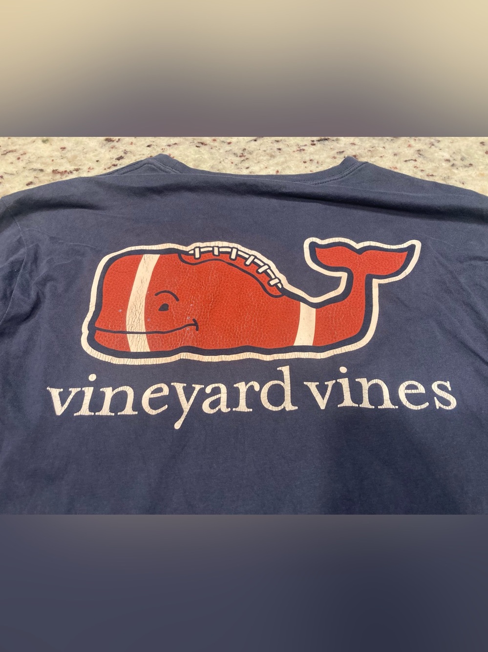Vineyard Vines Men’s Small Navy Pocket T Shirt with Red Whale/Football Logo